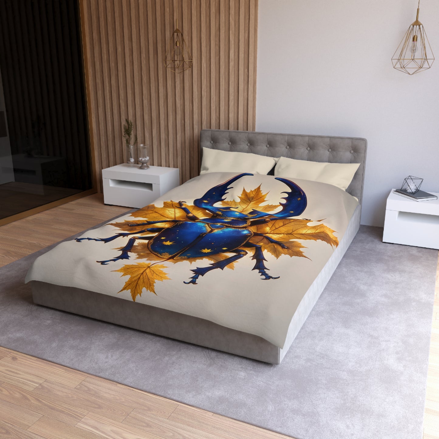 Celestial Beetle Microfiber Duvet Cover – Night Sky Guardian on Maple Leaves