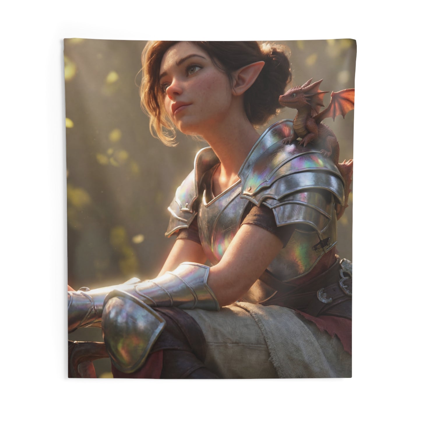 Elf Sentinel with Dragon Companion Indoor Wall Tapestries – Sunlit Forest Refuge