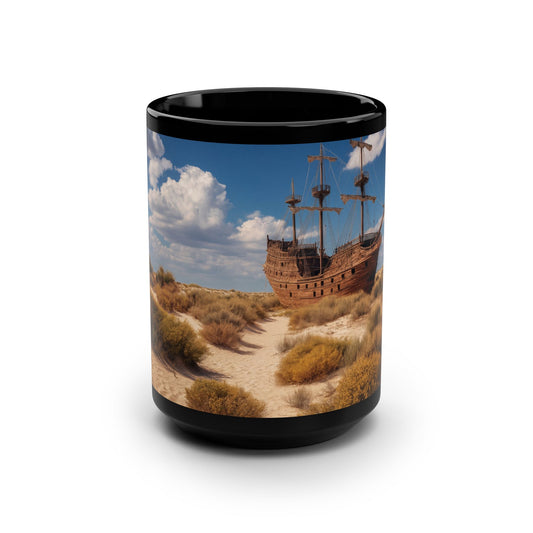 Desert Shipwreck Black Mug, 15oz – Sun-Stricken Galleon Sandscape