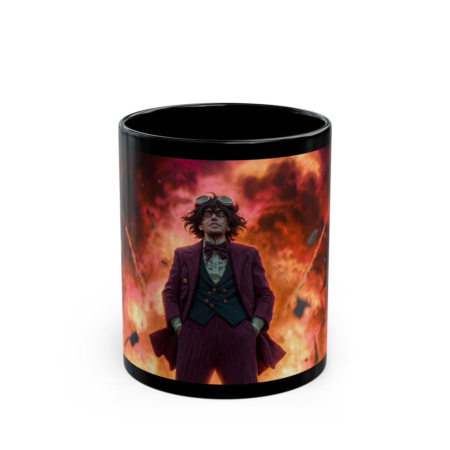 Mad Inventor Amidst Crimson Explosion Mug – Fiery Chaos Couture