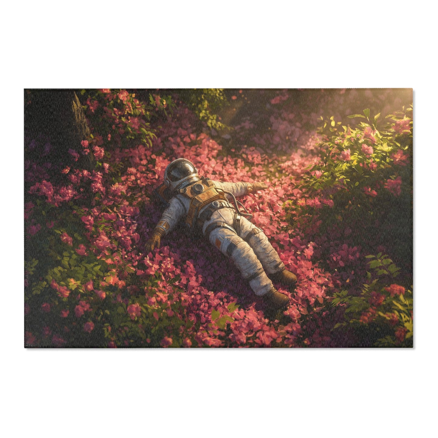 Astronaut Among Petals Area Rug – Sunset Garden Requiem