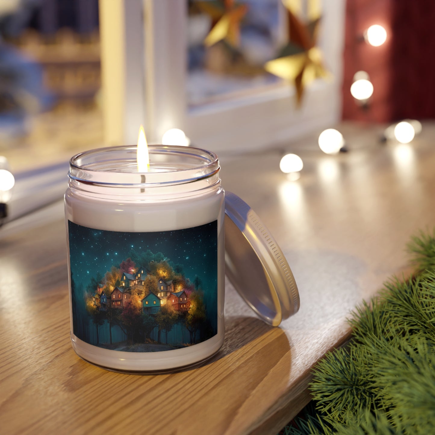 Starlit Hilltop Village Scented Soy Candles with White Lid, 9oz – Warm Glow Under Celestial Canopy