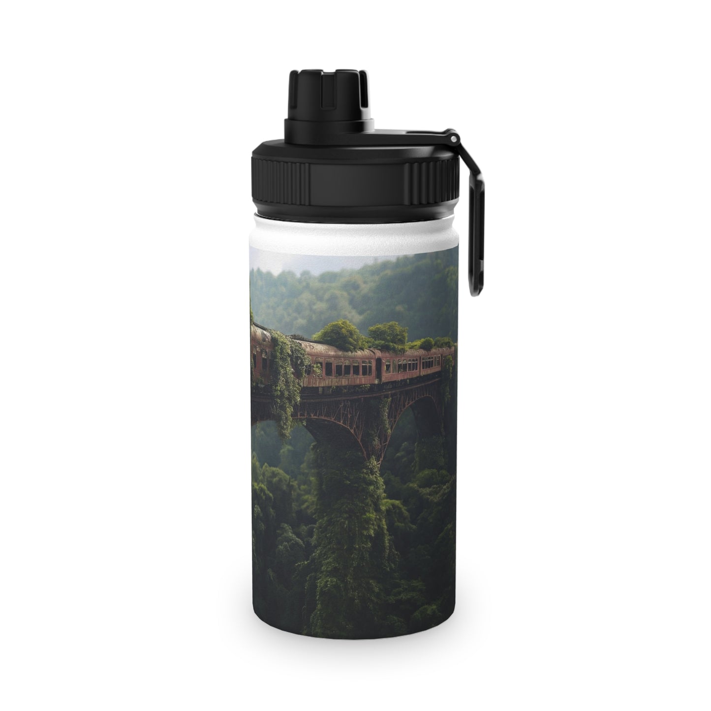 Abandoned Train Through Verdant Canopy Stainless Steel Water Bottle, Sports Lid – Timeless Forest Journey