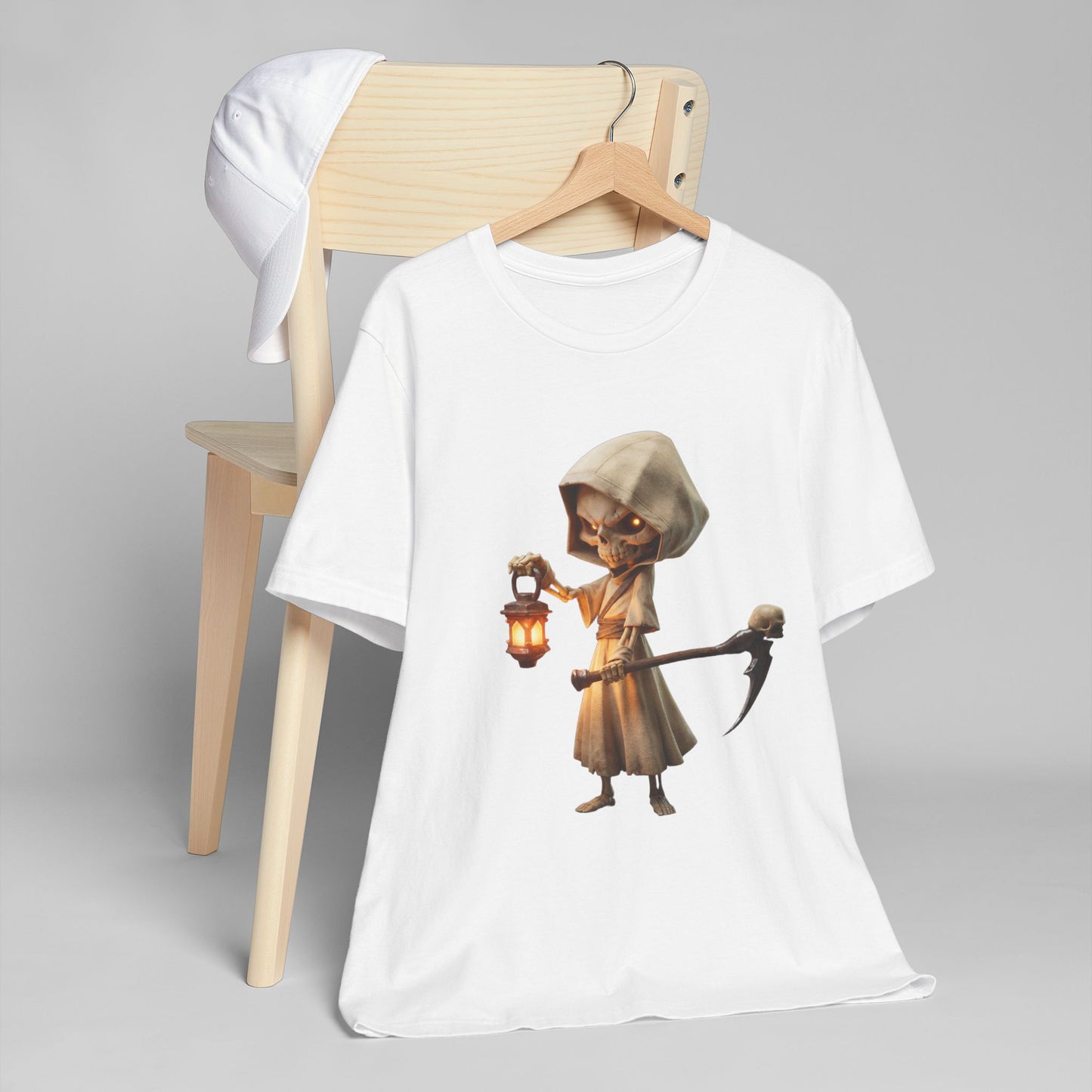 Lantern-Bearing Reaper Jersey T-Shirt – Candlelit Skeleton Sentinel