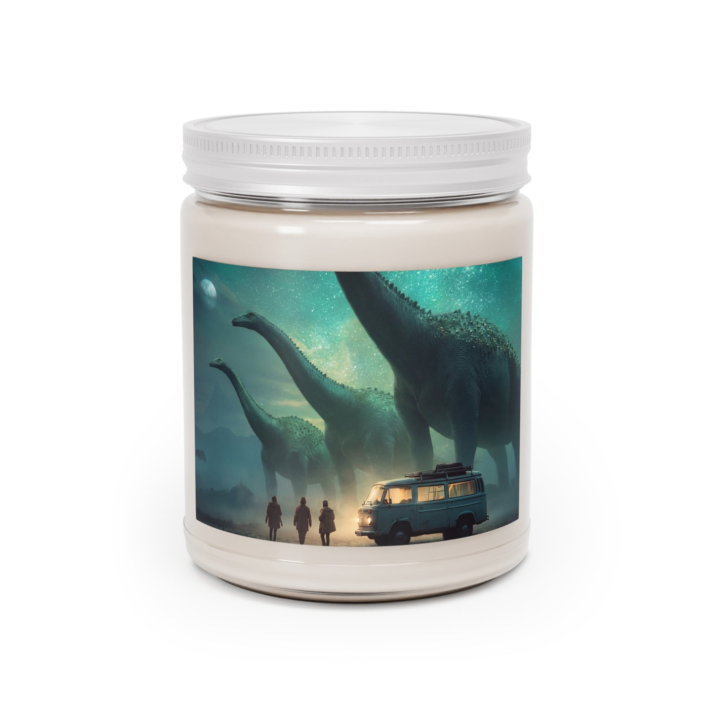 Dinosaur Encounter Scented Soy Candles with White Lid, 9oz – Moonlit Campground Whispers