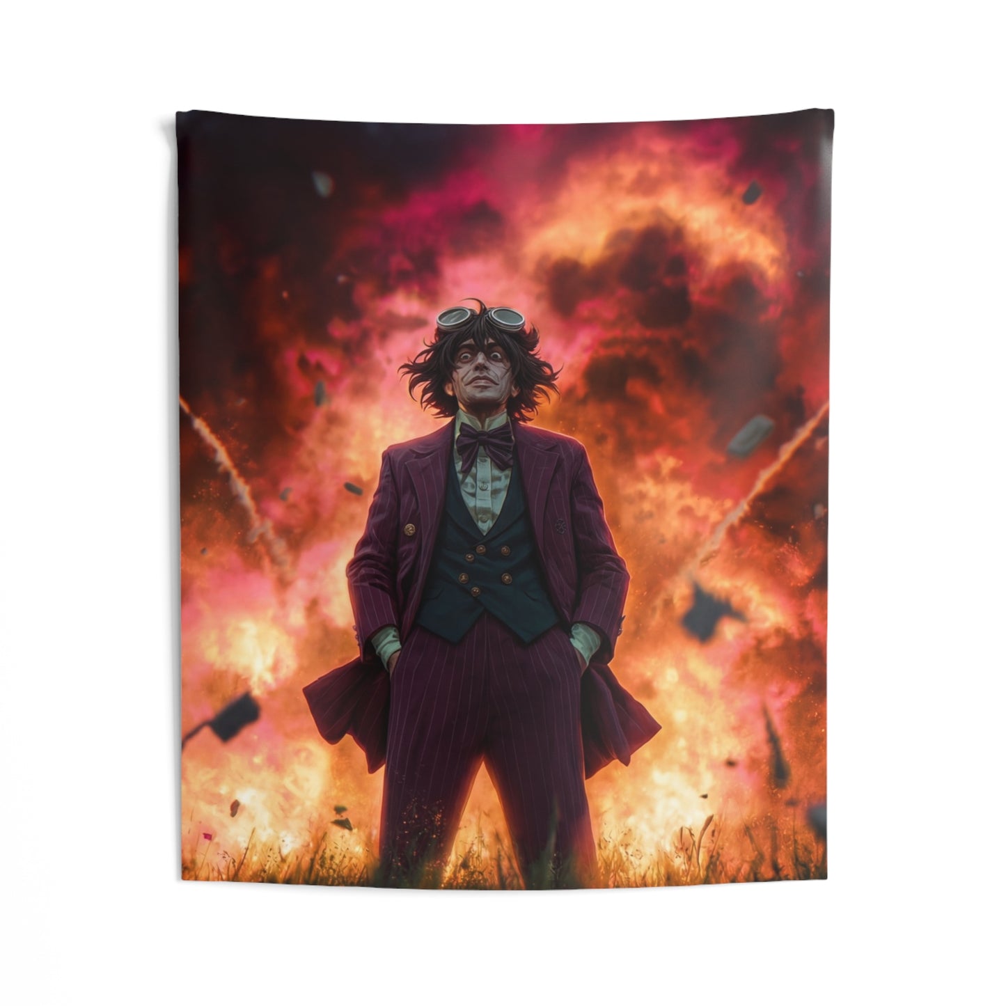 Goggles-Wearer Amidst Crimson Explosion Indoor Wall Tapestries – Calm in the Chaos