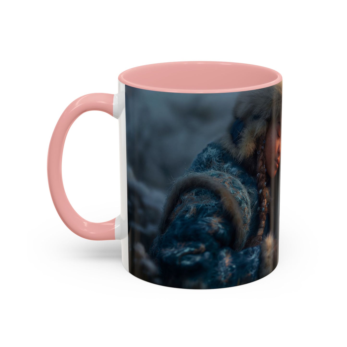 Winter Guardian Accent Coffee Mug (11, 15oz) – Fur-Hooded Child Sleeping Beside White Dragon Sentinel