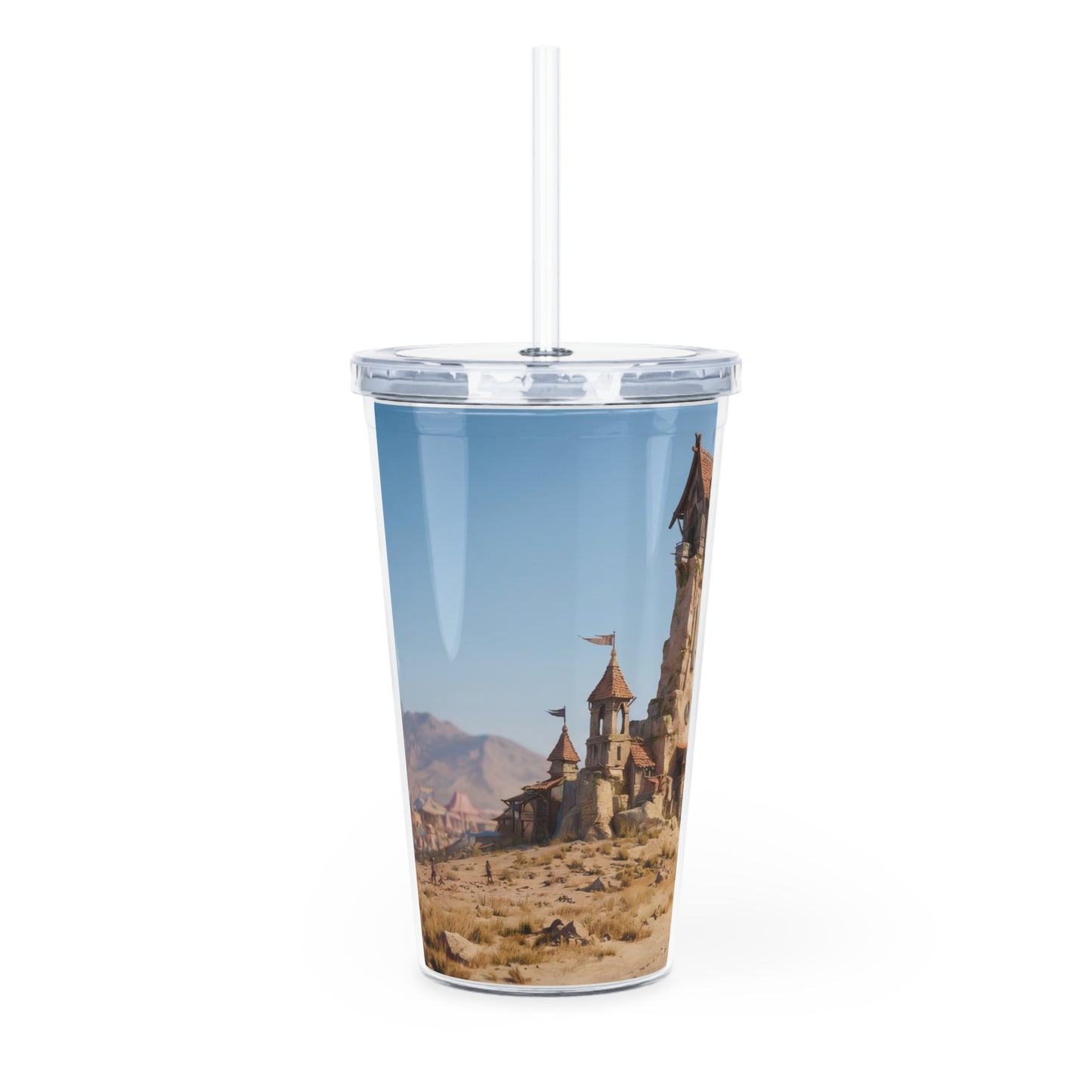 Desert Citadel Plastic Tumbler with Straw – Sunlit Ruins and Wanderers