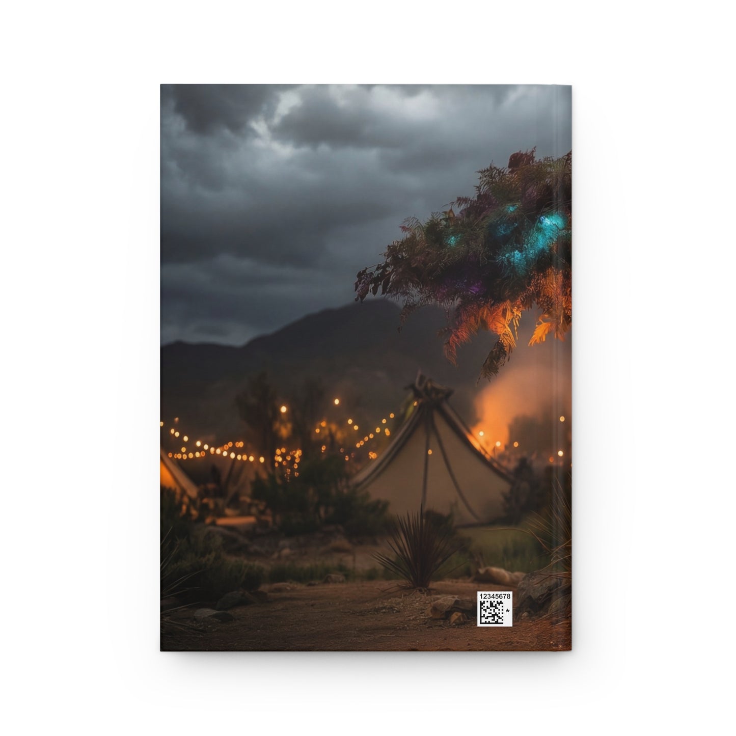 Whispering Lights Tree Hardcover Journal Matte – Campfire Serenity Under a Stormy Sky