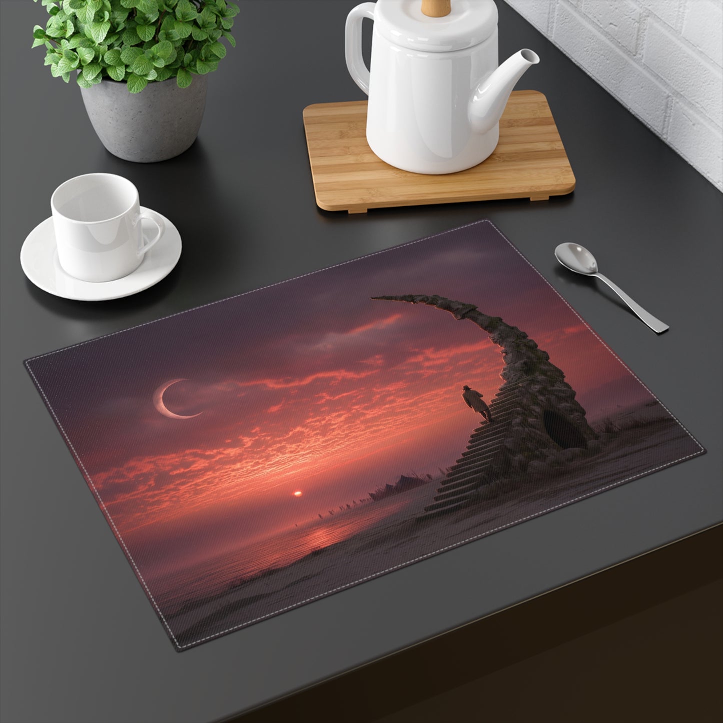 Lone Traveler on Celestial Staircase Placemat – Sunset with Crescent Moon and Desert Steps