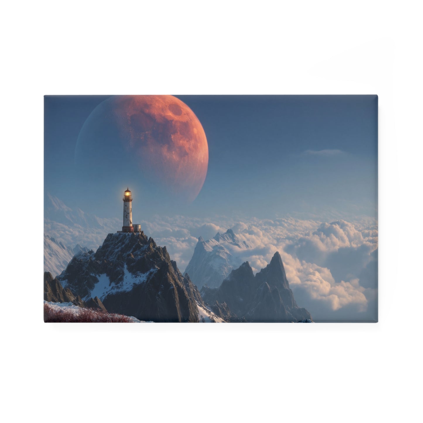 Lighthouse on Snow Peak Button Magnet, Rectangle (1 & 10 pcs) – Crimson Moon Over Cloud Sea