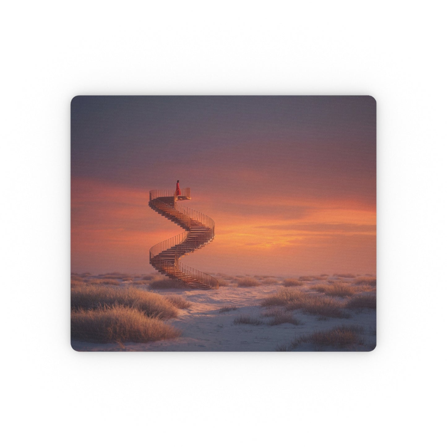 Spiral Staircase Mouse Pad – Crimson Figure at Sunset Horizon