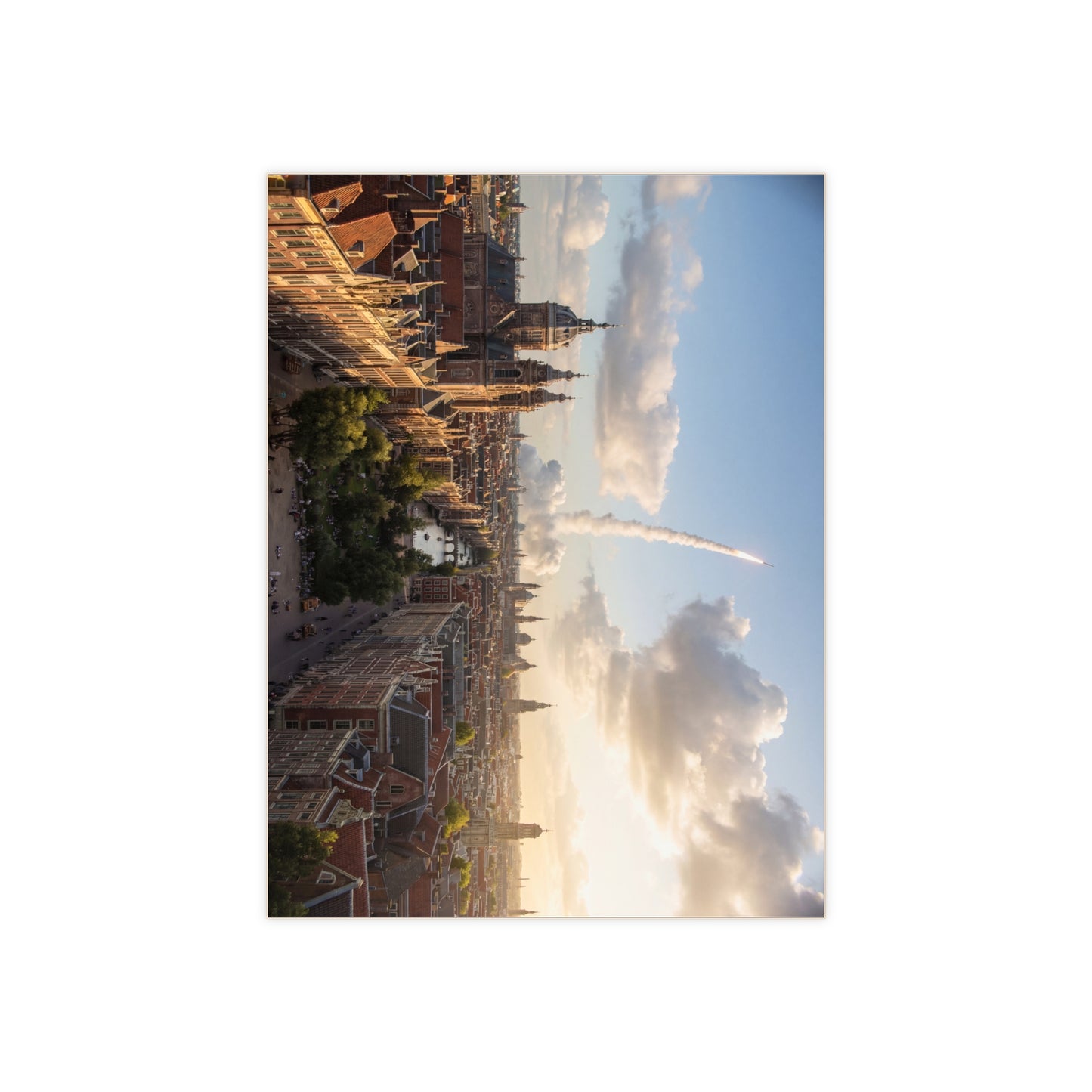 Rocket Through Amsterdam Skyline Ceramic Photo Tile – Dawn’s Unseen Launch