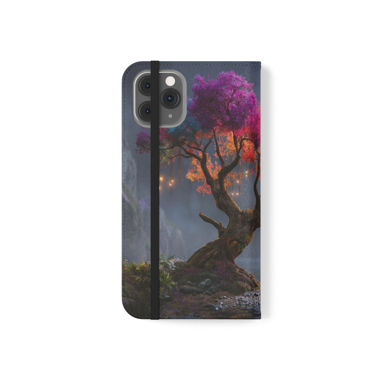 Chromatic Canopy Flip Cases – Rainbow Tree Moonlit Waterfall Scene