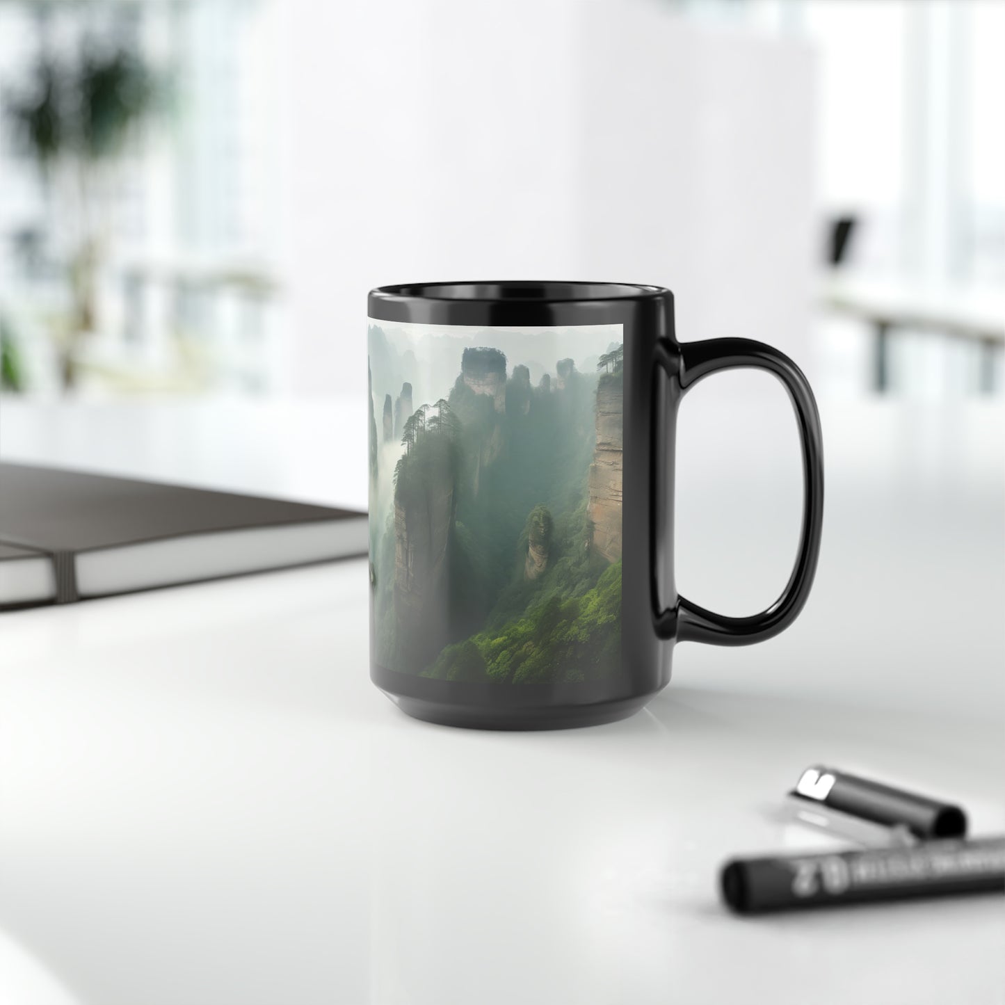 Captivating panoramic image of the Zhangjiajie National Forest Park in China, showcasing the towering sandstone pillars shrouded in mist - Mug, Black