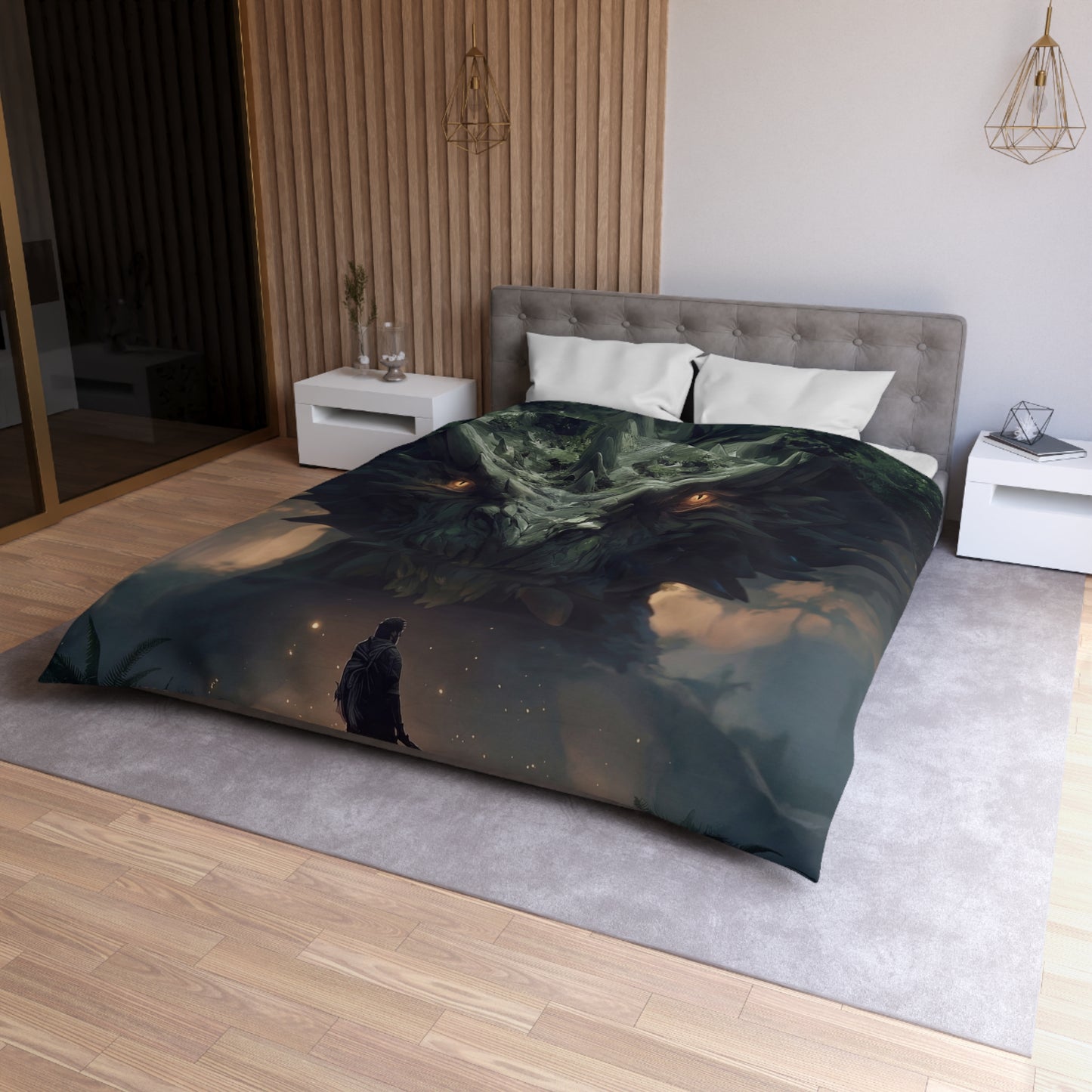 Ancient Dragon Sentinel Microfiber Duvet Cover – Forest Guardian at Dusk