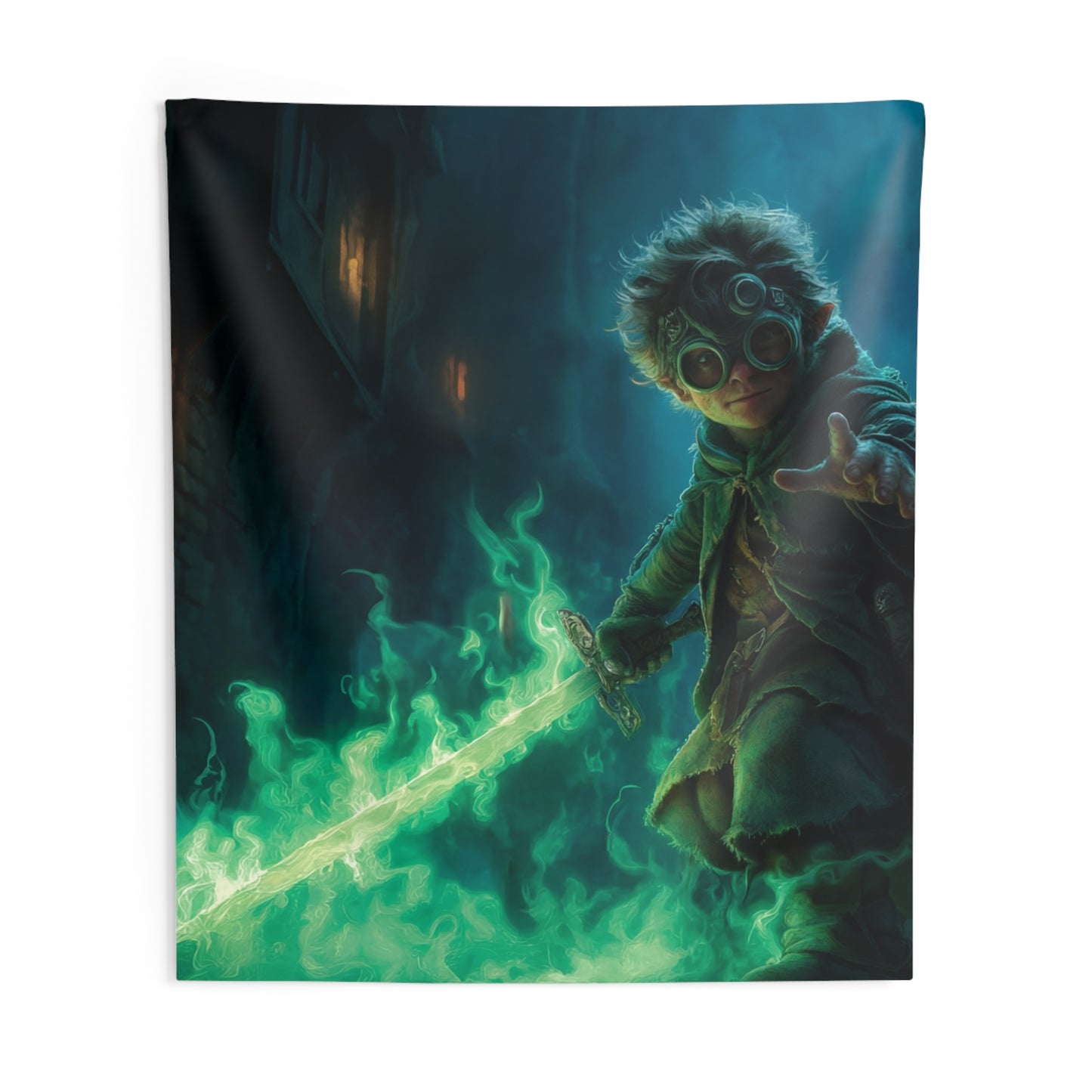 Green-Eyed Mage with Glowing Sword Indoor Wall Tapestries – Midnight Alley Adventure