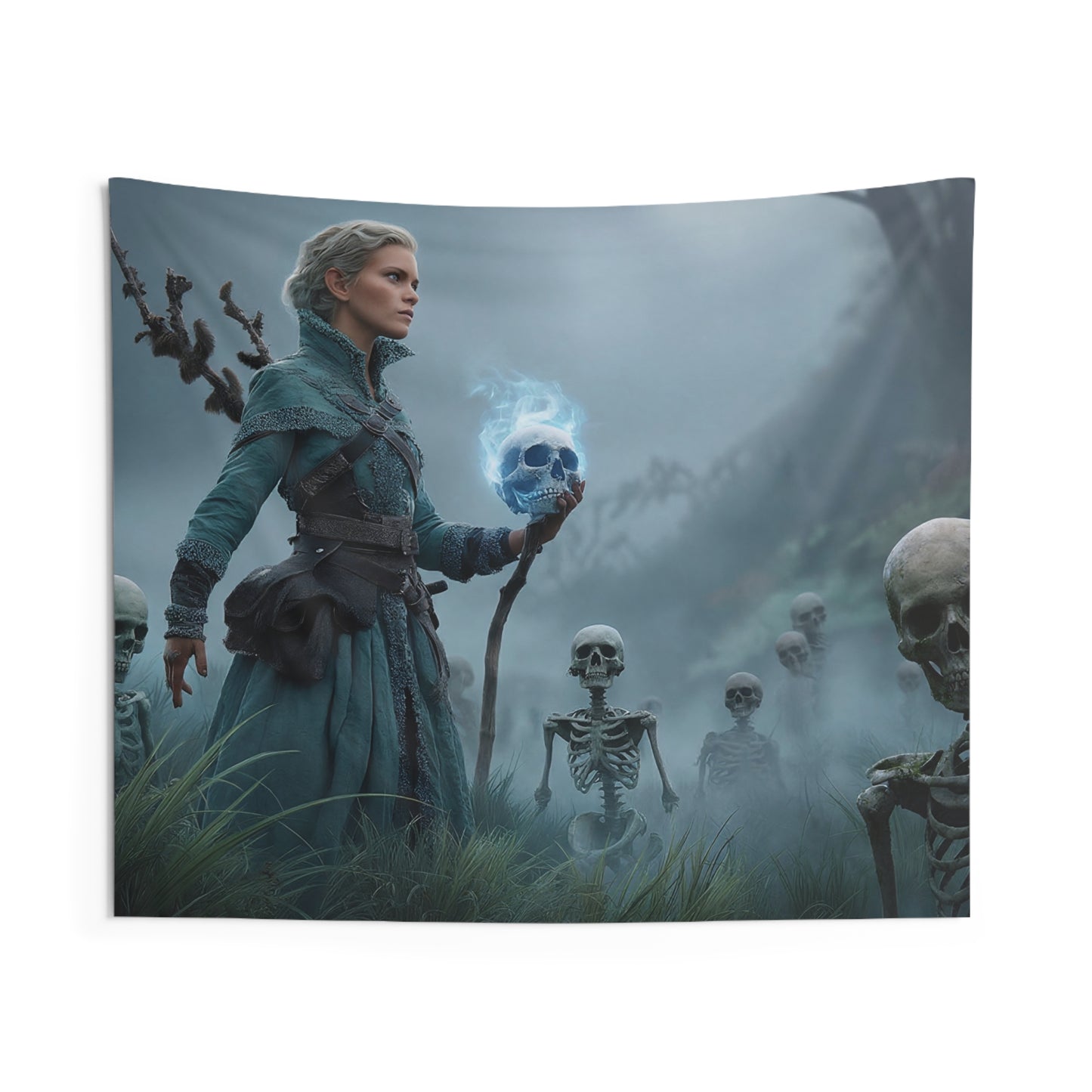 Mistbound Necromancer Wall Tapestry – Blue-Skull Sentinel in Foggy Grove
