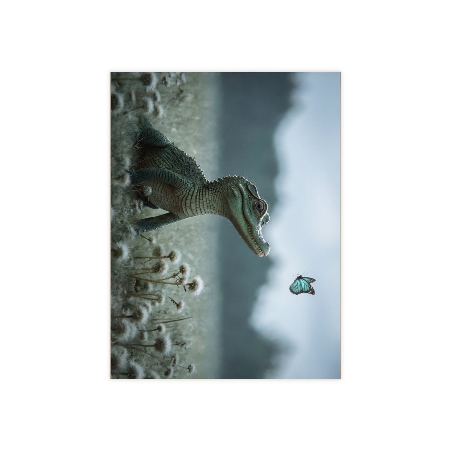 Curious Caiman Ceramic Photo Tile – Emerald Gaze Meets Azure Butterfly