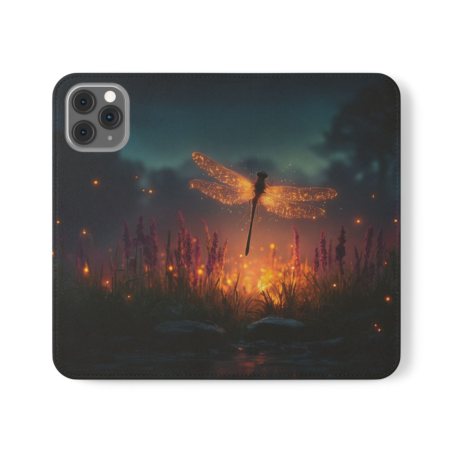 Bioluminescent Dragonfly Flip Cases – Glowing Amber Wings Over Twilight Marsh