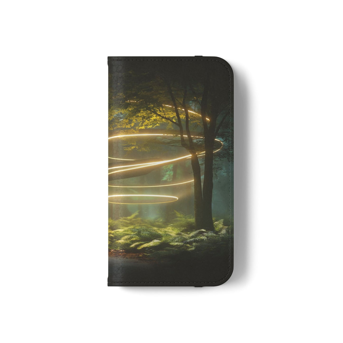 Luminous Spiral Forest Flip Cases – Golden Light Rings Mystery Scene