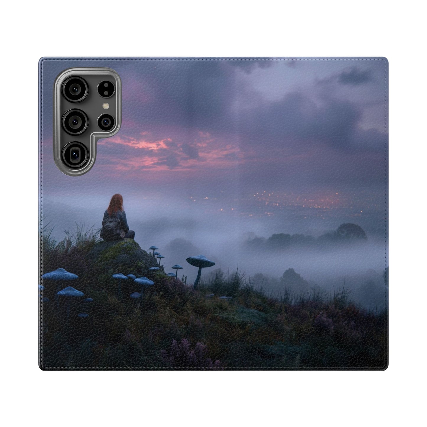 Misty Hilltop Flip Cases – Red-Haired Wanderer at Twilight