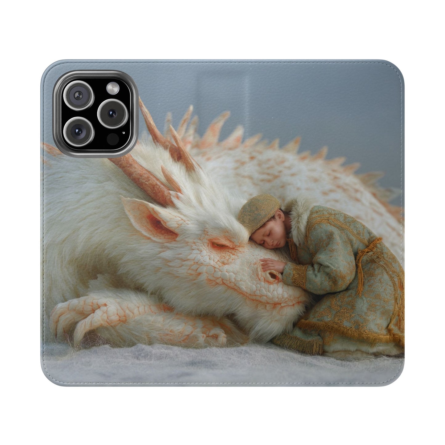 Sleeping Child and Dragon Flip Cases – Snowy Guardian Embrace
