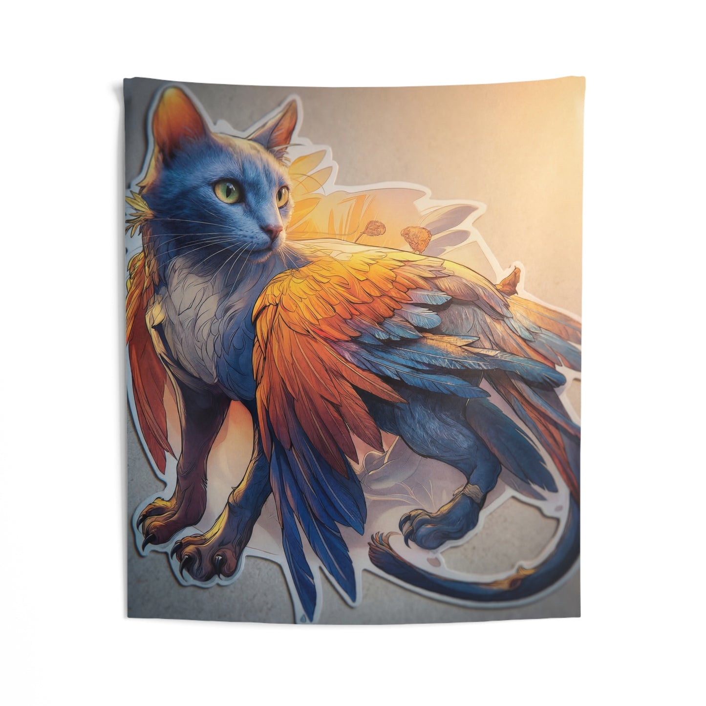 Azure Winged Cat Indoor Wall Tapestries – Sunset Guardian of the Hearth