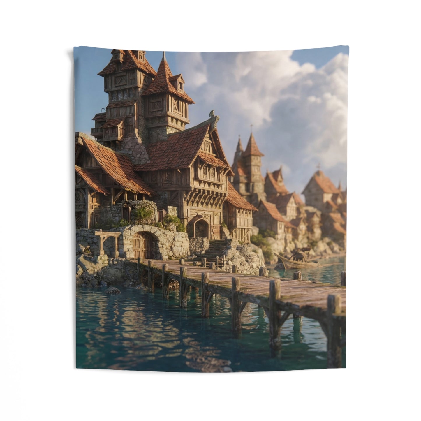 Coastal Viking Village Wall Tapestry – Sunlit Harbor Whispers