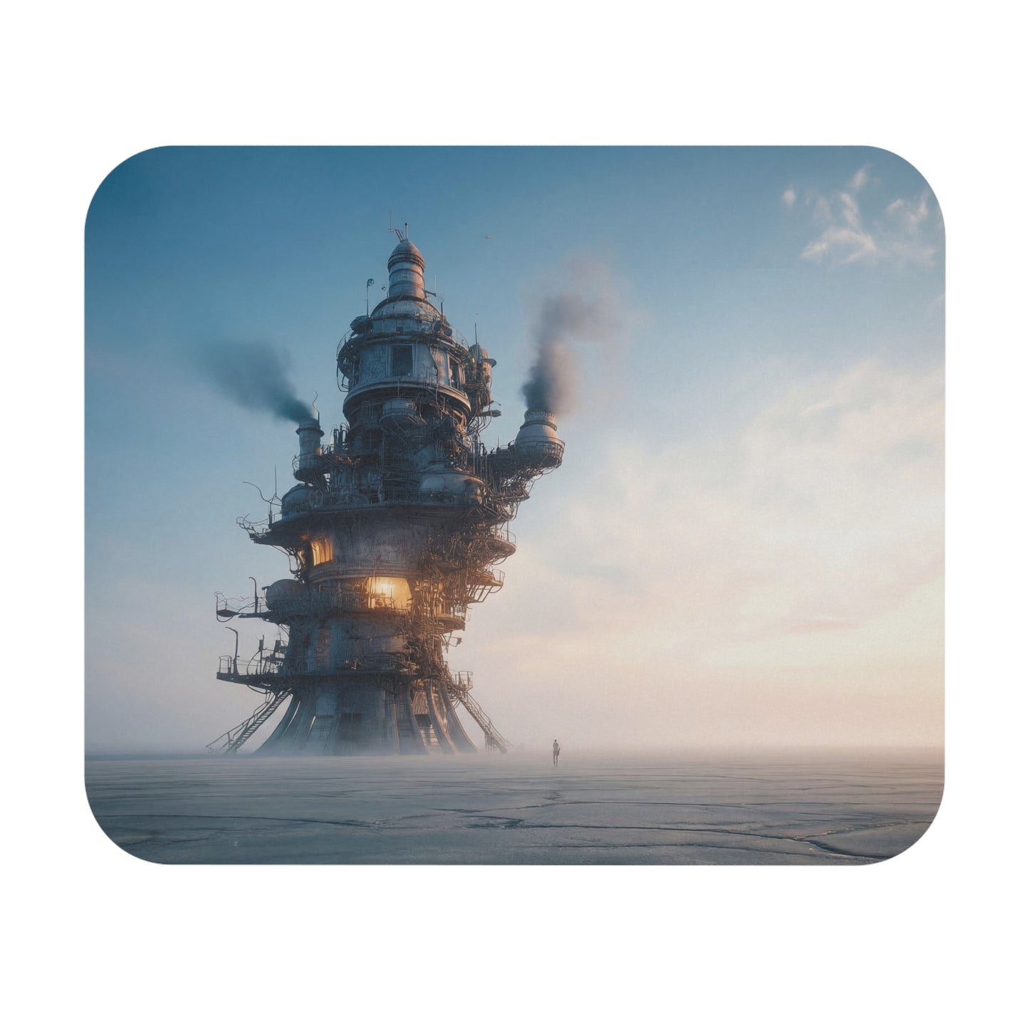 Skyward Spire Mouse Pad (Rectangle) – A lone traveler approaches a steampunk tower at dawn