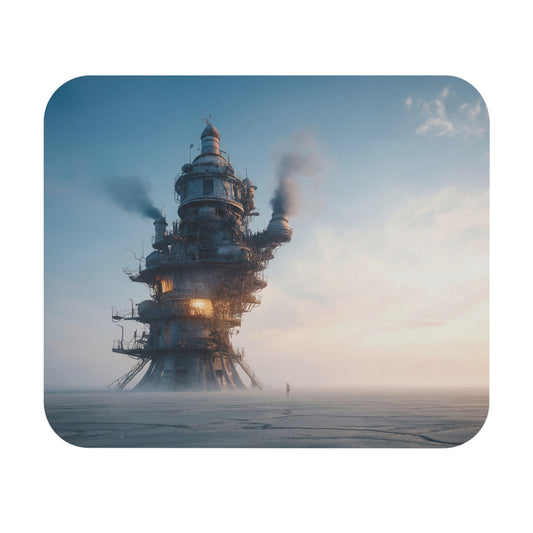 Skyward Spire Mouse Pad (Rectangle) – A lone traveler approaches a steampunk tower at dawn