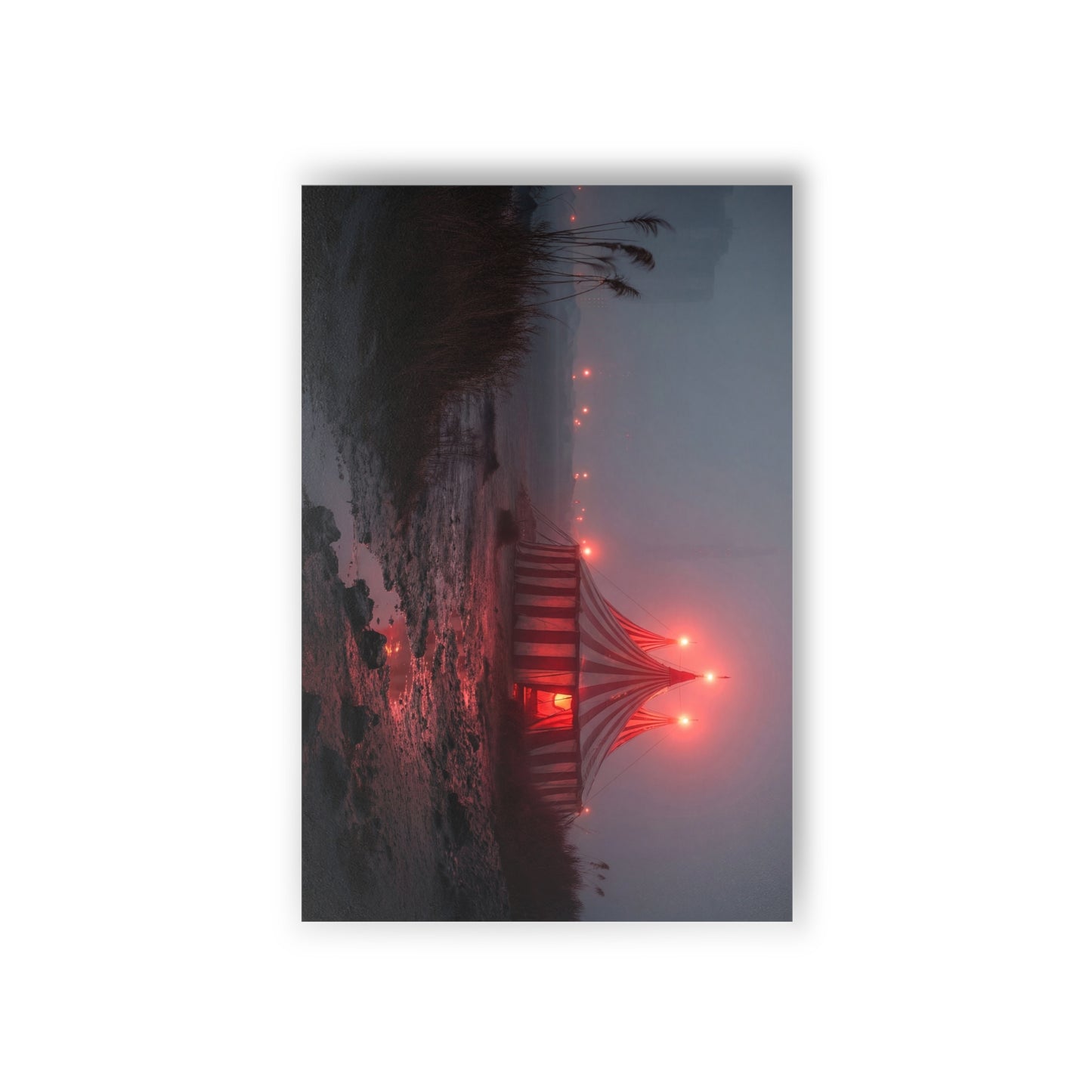 Crimson Carnival Tent Postcards (10pcs) – Fog-Wrapped Wonder on the Shore