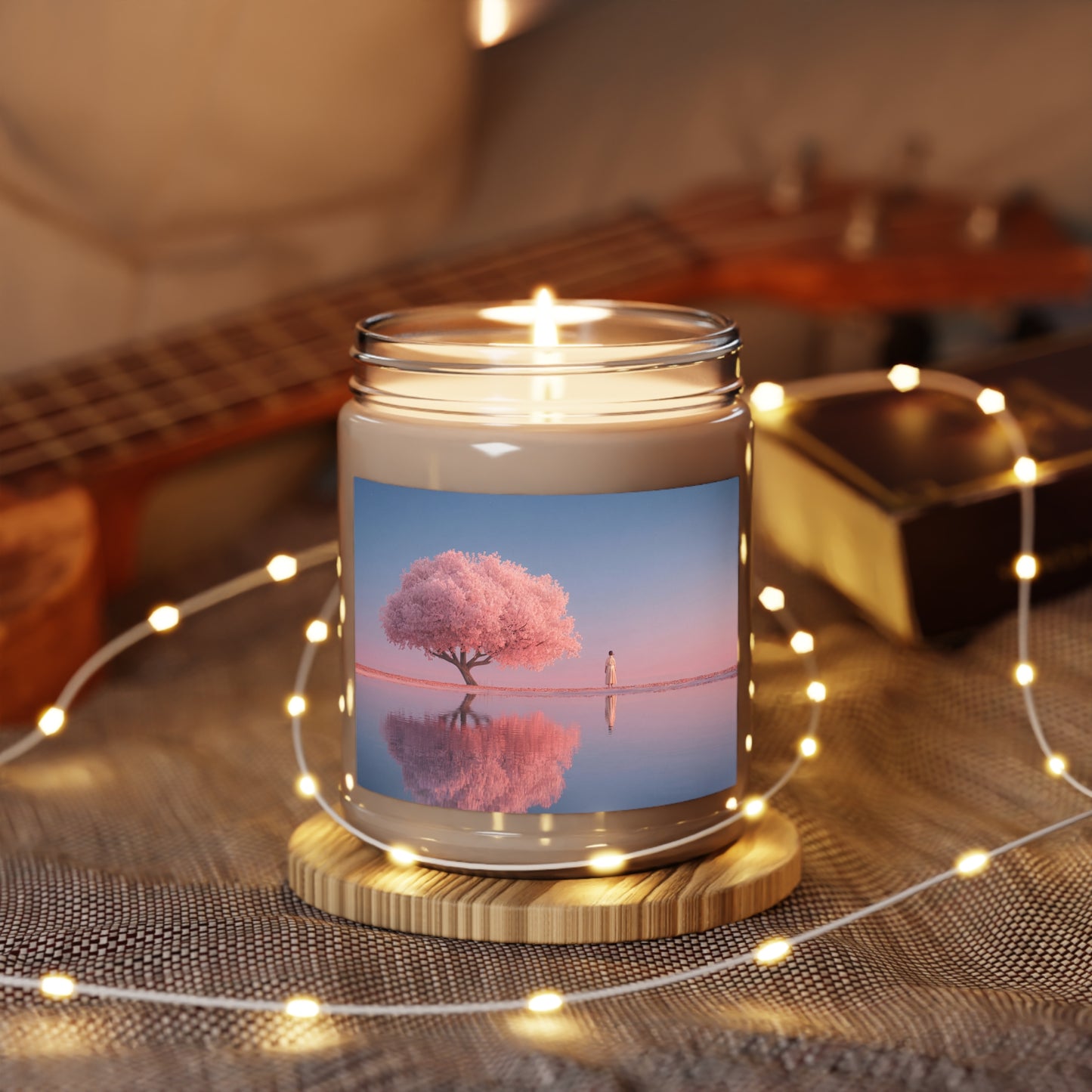Solitary Pink Sakura Tree Scented Soy Candles with White Lid, 9oz – Twilight’s Quiet Reflection