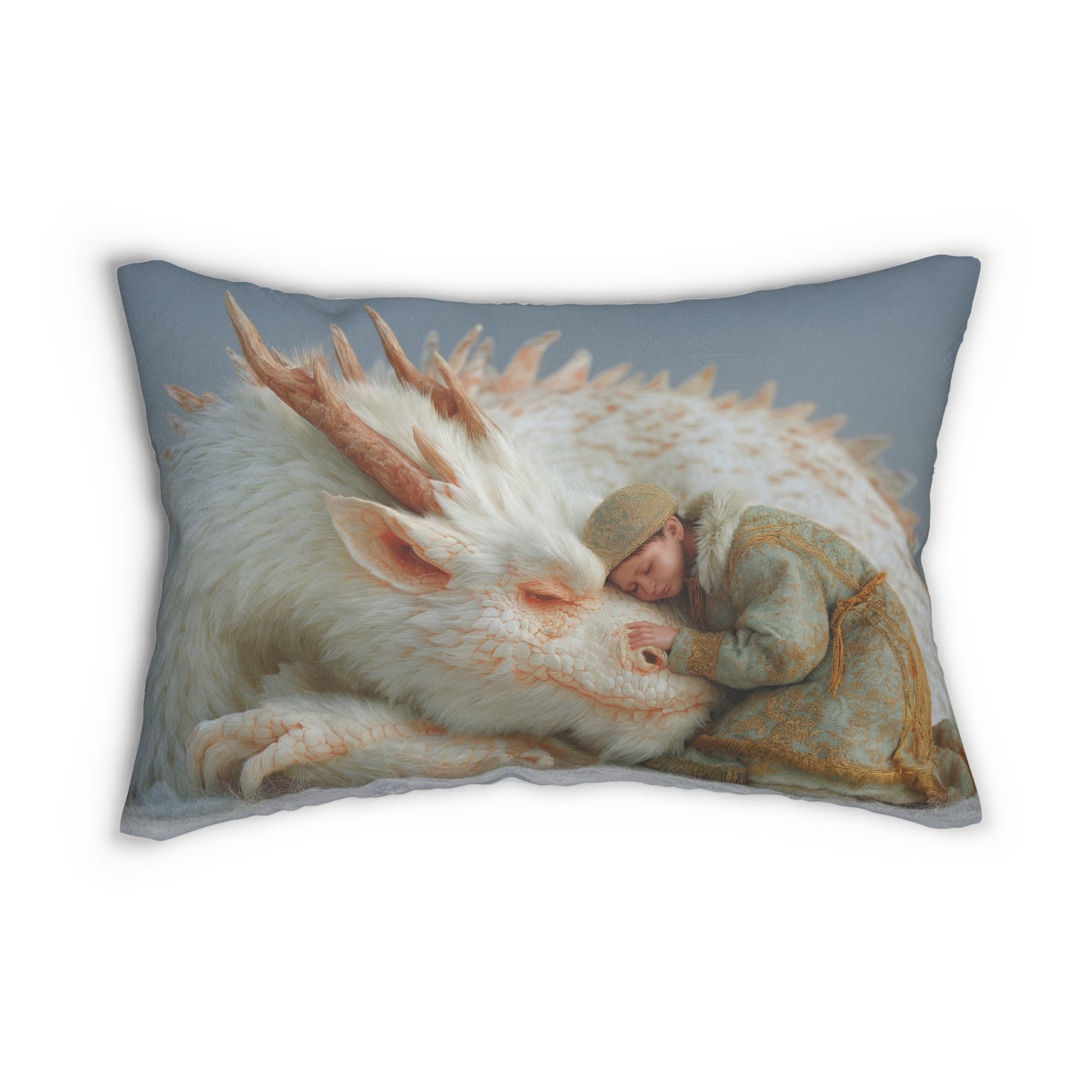 Child and White Dragon Lumbar Pillow – Snowbound Serenity Dreamscape