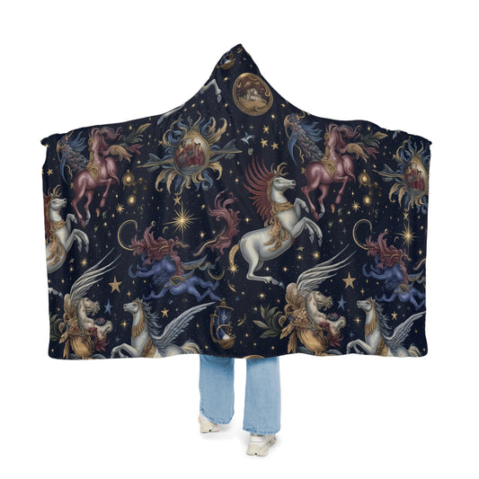 "A detailed pattern of mythical celestial creatures and constellations, such as Pegasus, Orion, and Cassiopeia, depicted in a tapestry of deep cobalt, rich burgundy, and luminous silver." -  Snuggle Blanket