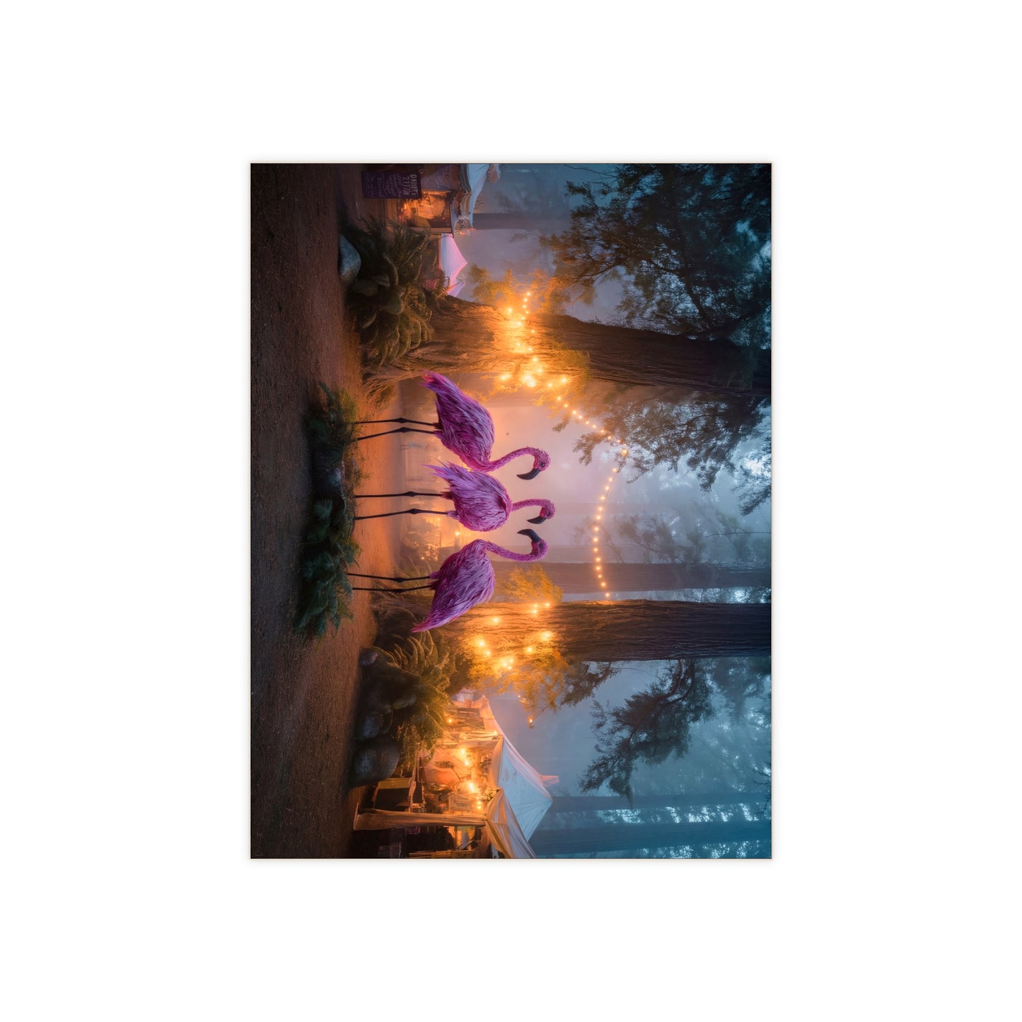 Pink Flamingo Forest Gathering Ceramic Photo Tile – Whimsical Twilight Market Scene