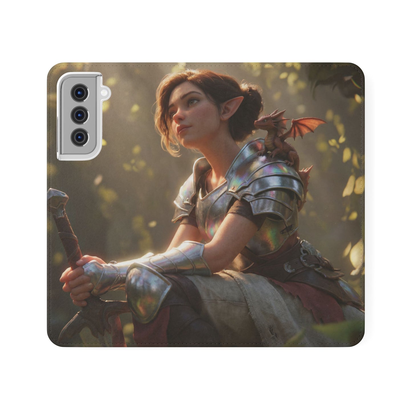 Elven Knight with Dragon Flip Cases – Iridescent Armor & Tiny Guardian Portrait