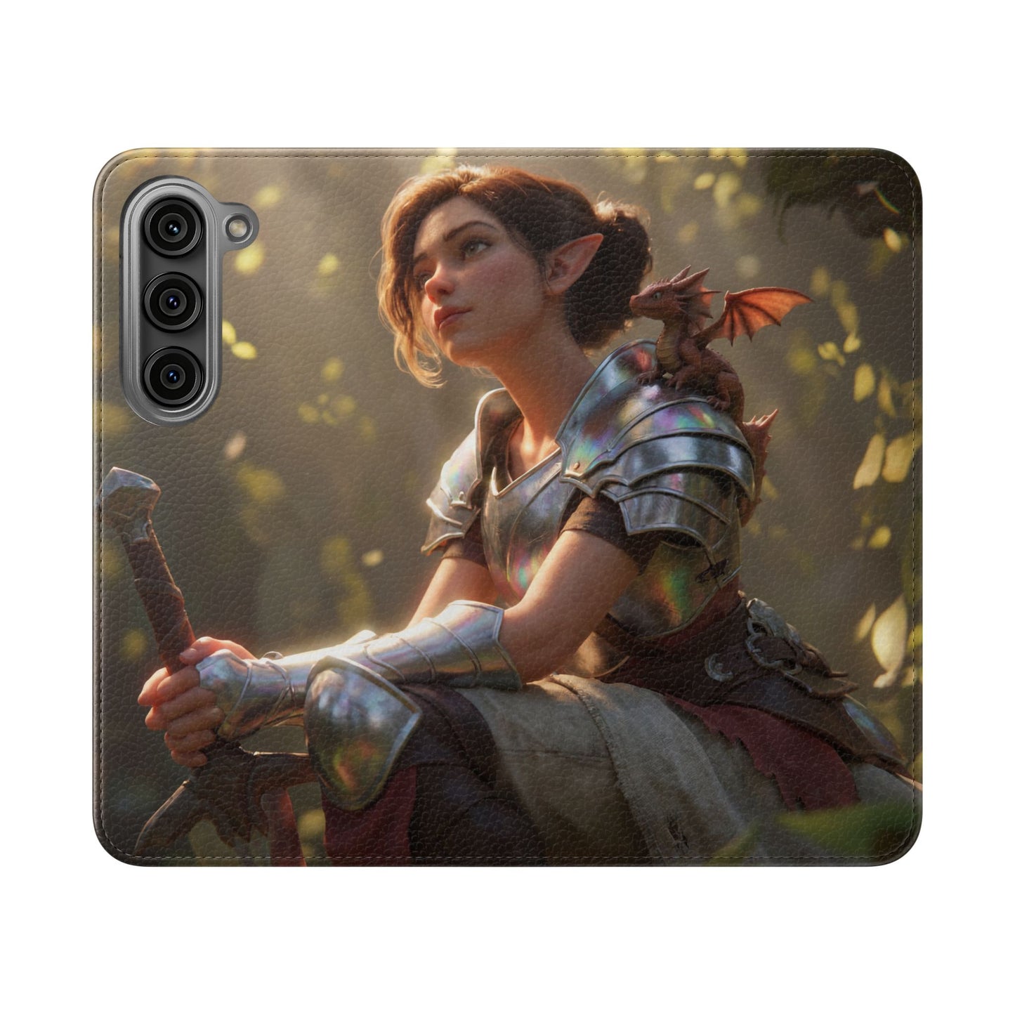 Elven Knight with Dragon Flip Cases – Iridescent Armor & Tiny Guardian Portrait