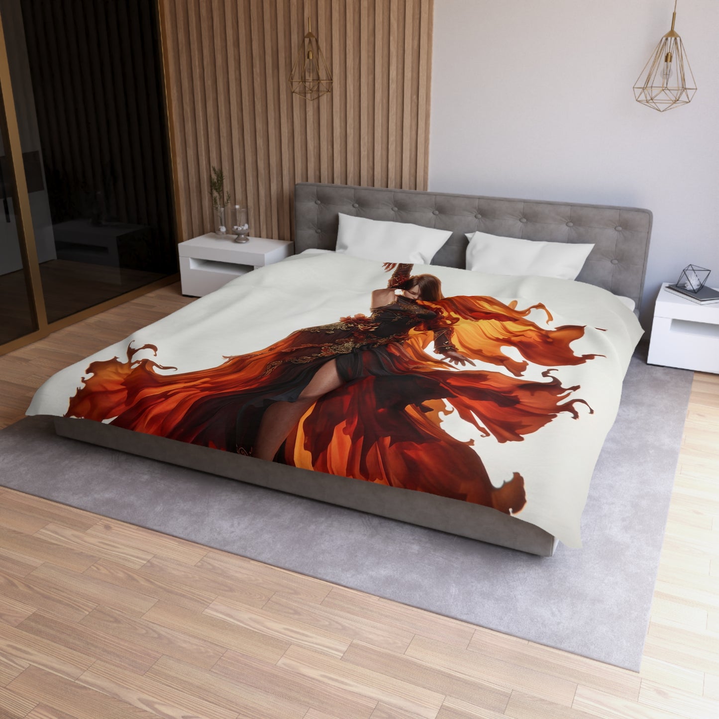 Crimson Phoenix Dancer Microfiber Duvet Cover – Flame-Swept Elegance