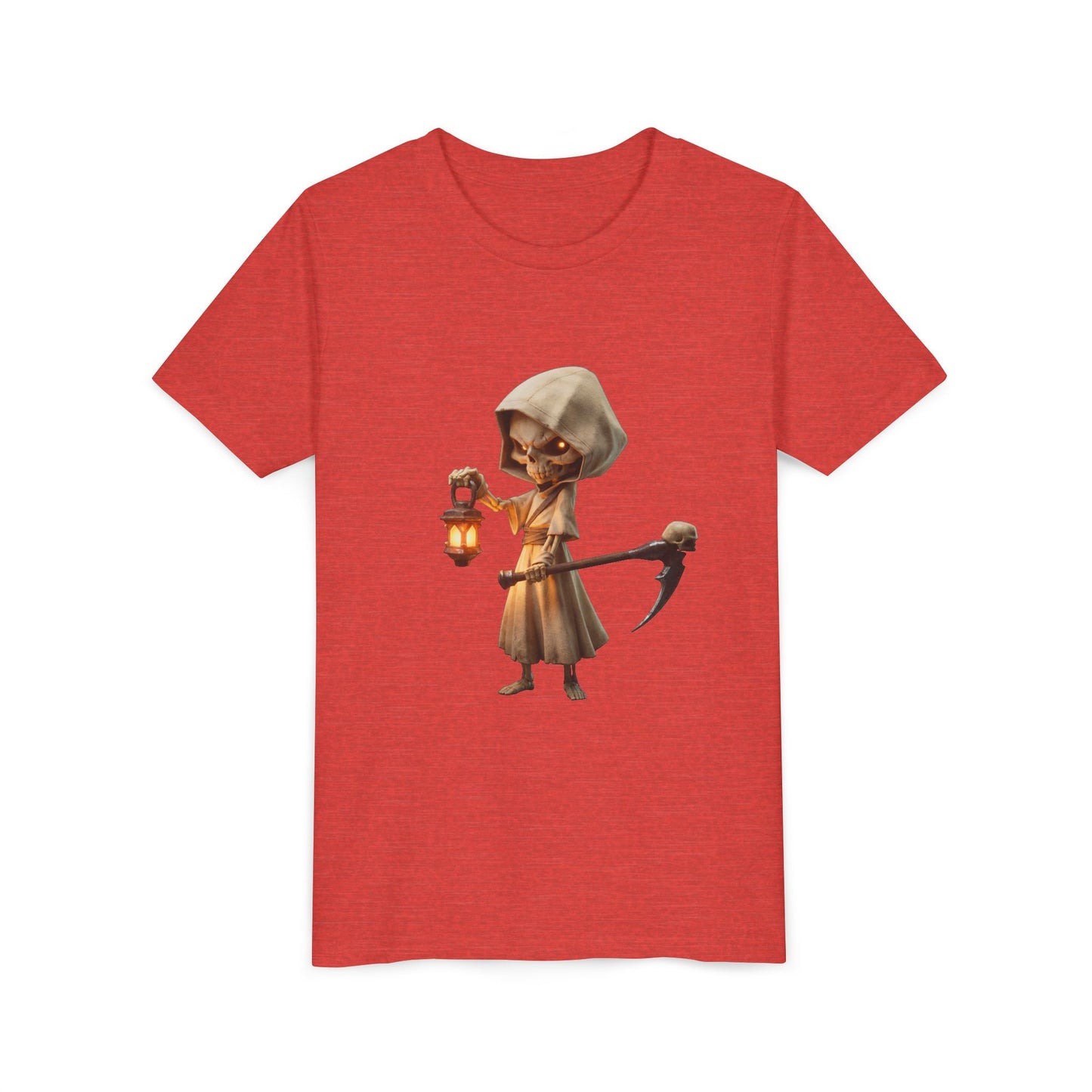 Lantern-Bearing Skeleton Youth Short Sleeve Tee – Hooded Reaper with Scythe