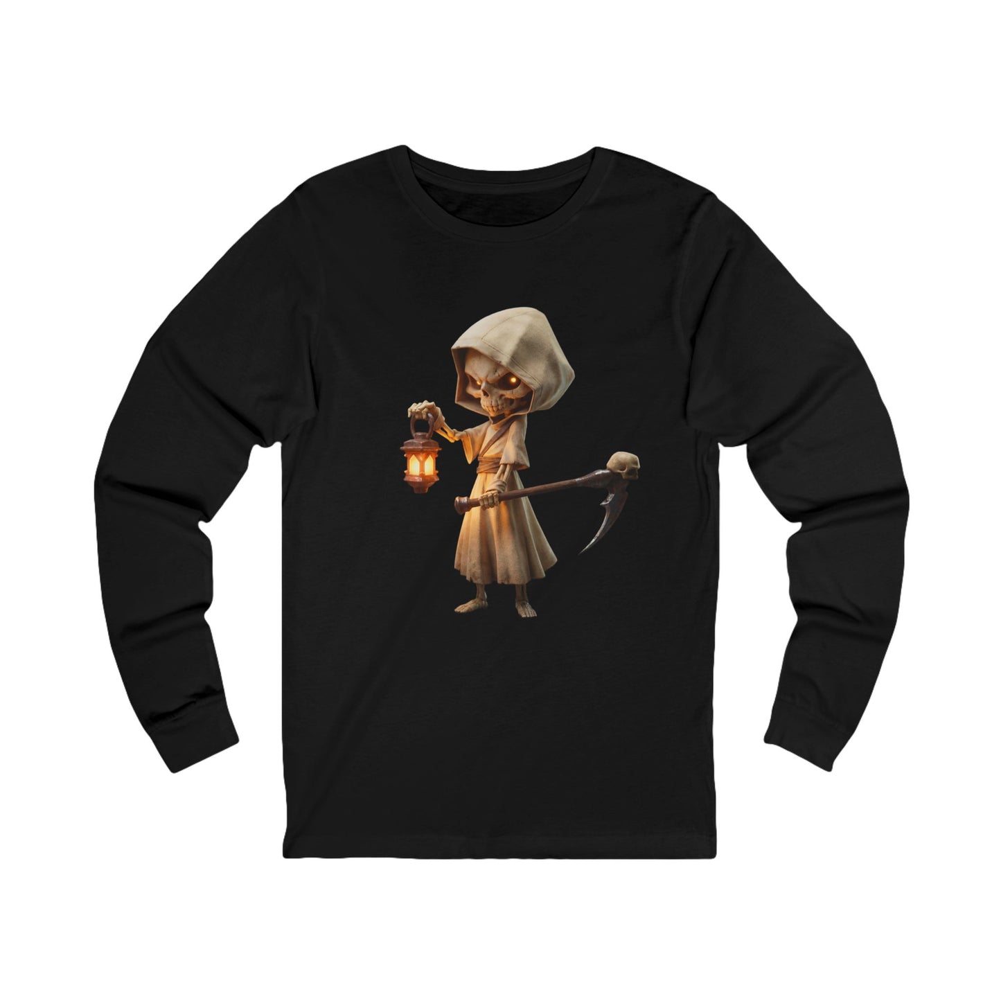 Lantern-Bearing Skeleton Guardian – Hooded Reaper Unisex Jersey Long Sleeve Tee