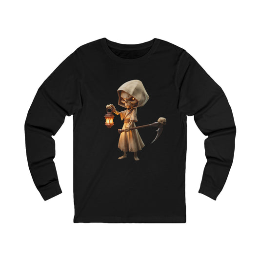 Lantern-Bearing Skeleton Guardian – Hooded Reaper Unisex Jersey Long Sleeve Tee