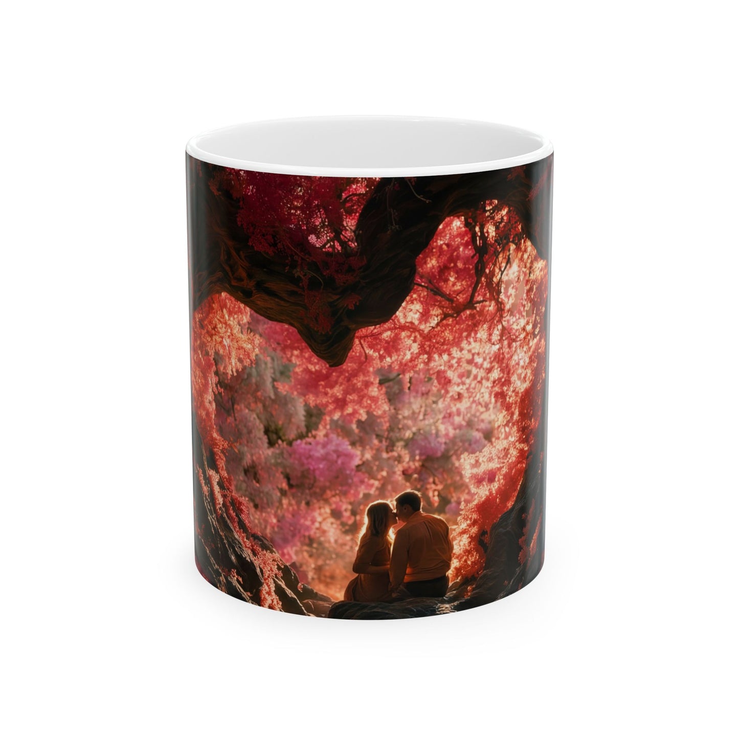 Crimson Canopy Ceramic Mug – Whispers of a Love-Spun Forest