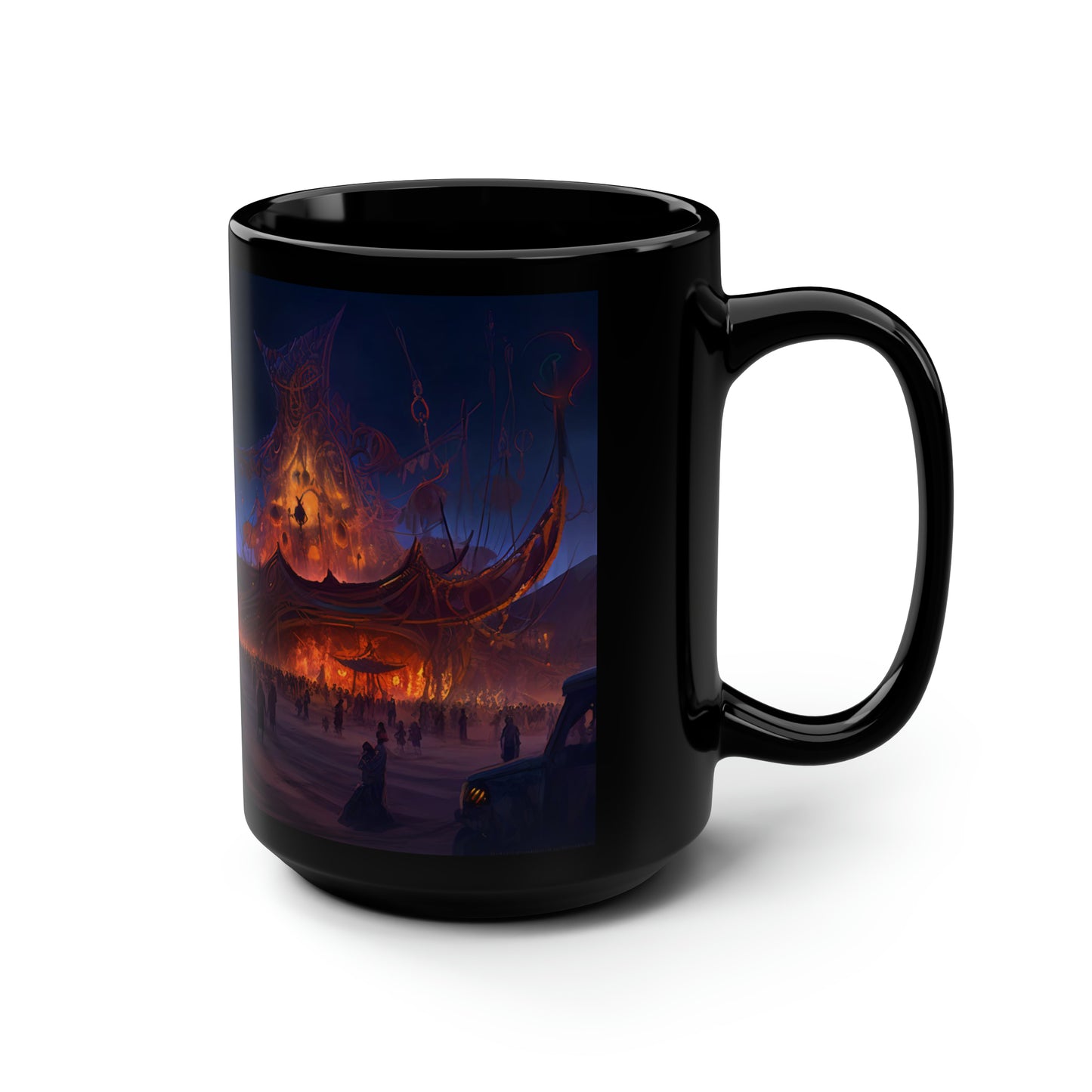 Digital painting of an awe-inspiring night scene at Burning Man, showcasing epic and intricate art installations -  Mug, Black