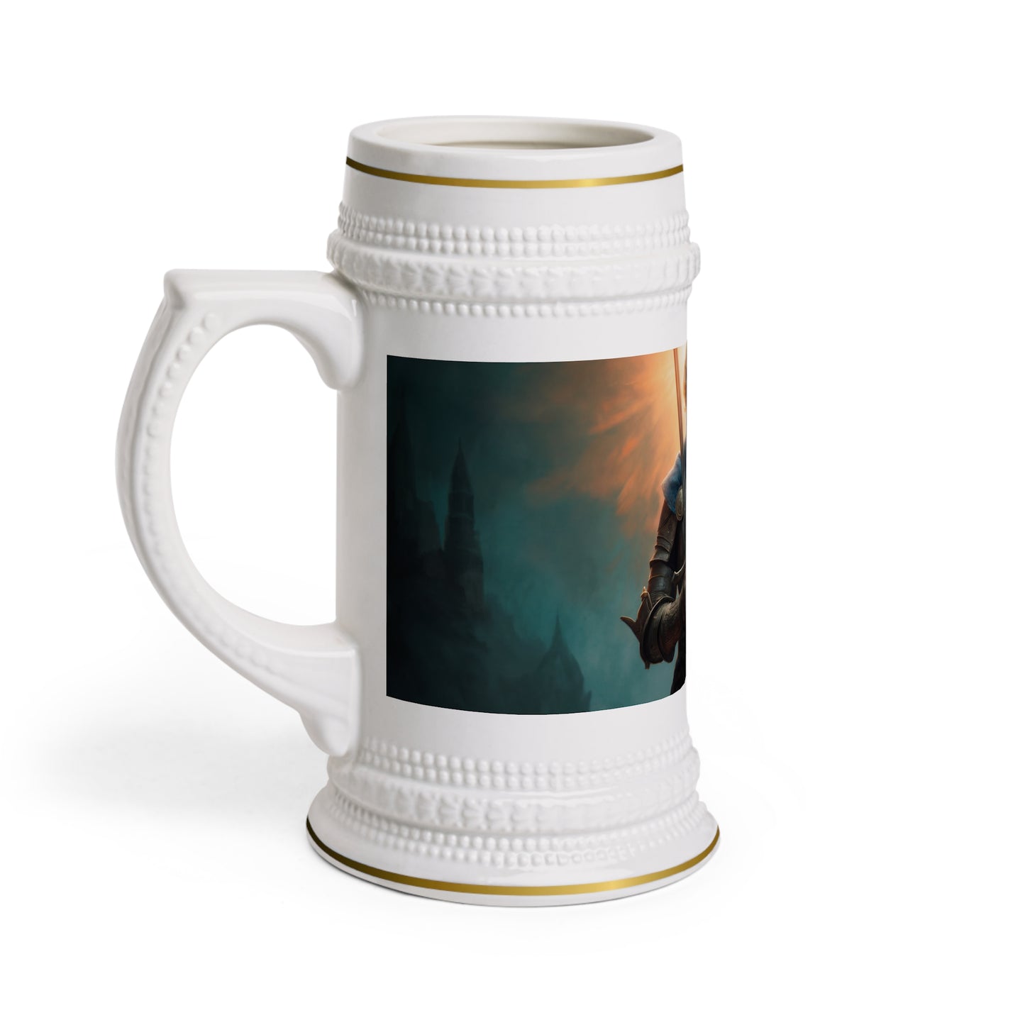 Dawn's Sentinel Stein Mug – Armor and Radiance in Shadowed Towers