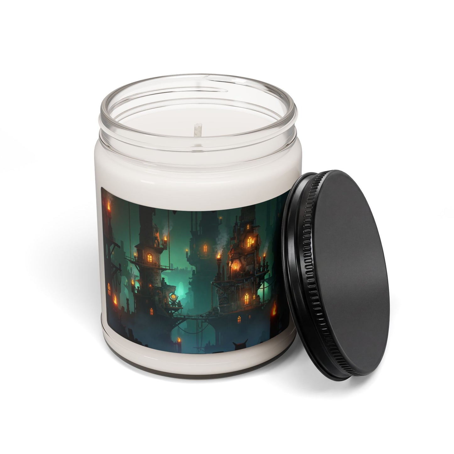 Hanging City Scented Soy Candle, 9oz – Amber Glow Through Misty Gears