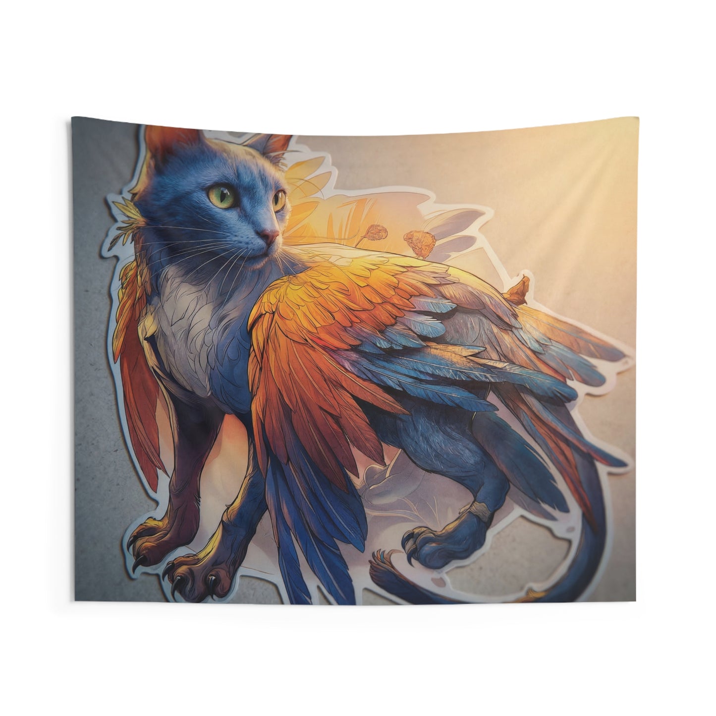 Azure Winged Cat Indoor Wall Tapestries – Sunset Guardian with Feathers of Twilight