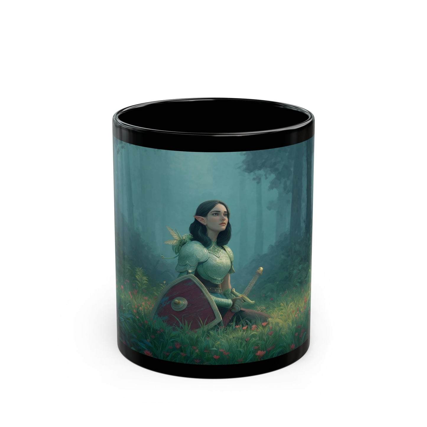 Forest Sentinel Black Mug – Misty Grove Guardian Dreamscape
