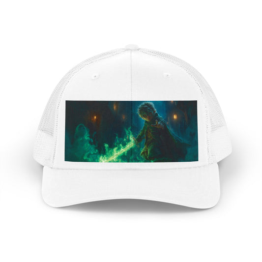 Alchemist Elf Trucker Retro Hat – Green Flame Sword Guardian