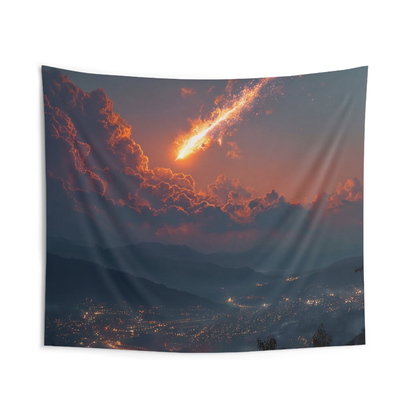 Celestial Fireball Indoor Wall Tapestries – Skyfall Over Mountain Vale